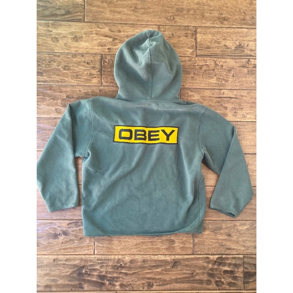 Vtg Obey Hoodie Green Gold Spellout Embroidered Patch Small Y2K Grunge